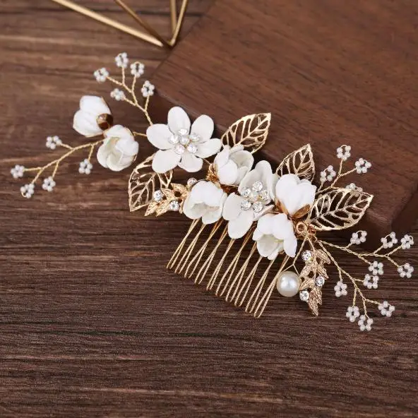 Warna emas bunga kristal mutiara tiara sisir rambut untuk pernikahan pengantin wanita jepit rambut Bridal Headpiece aksesoris perhiasan rambut