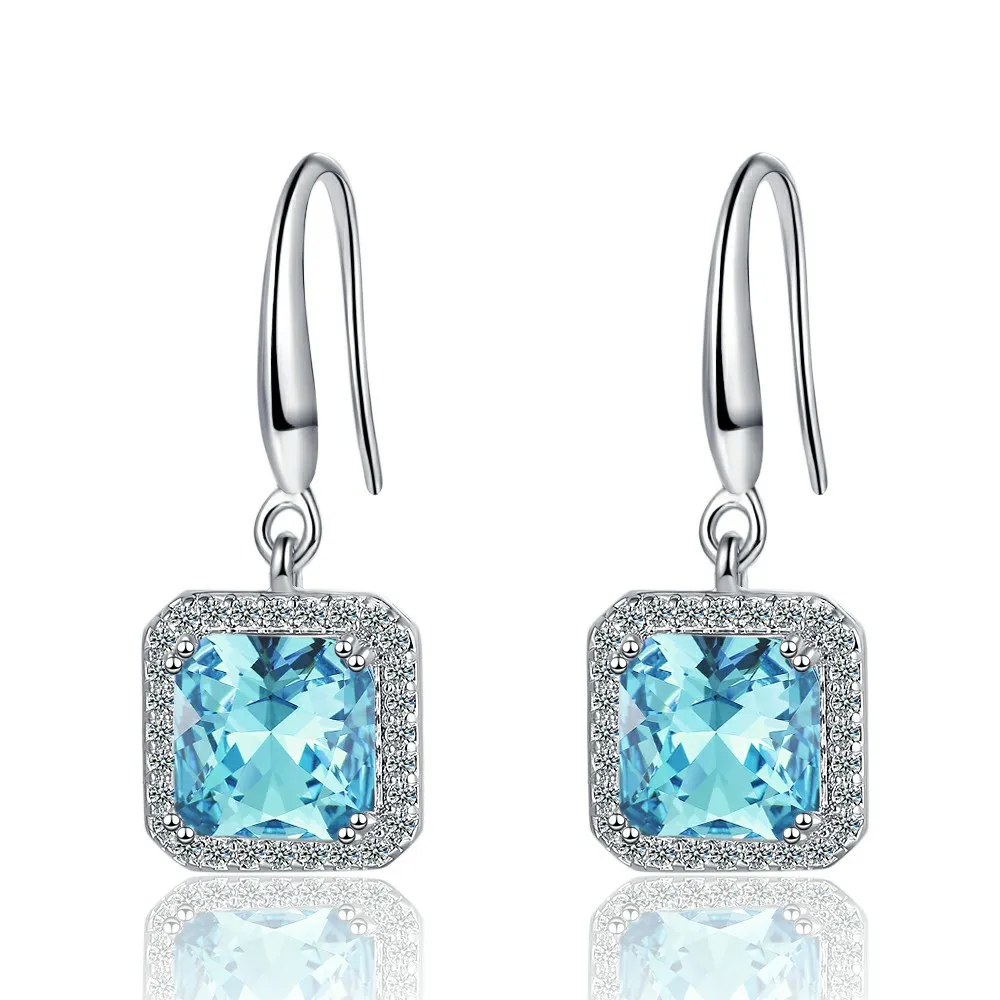 Total 1.73ct Princess Cut Natural Sky Blue Topaz Square Dangle Drop Earrings 925 Sterling Silver for Women Gemstone Fine Jewelry