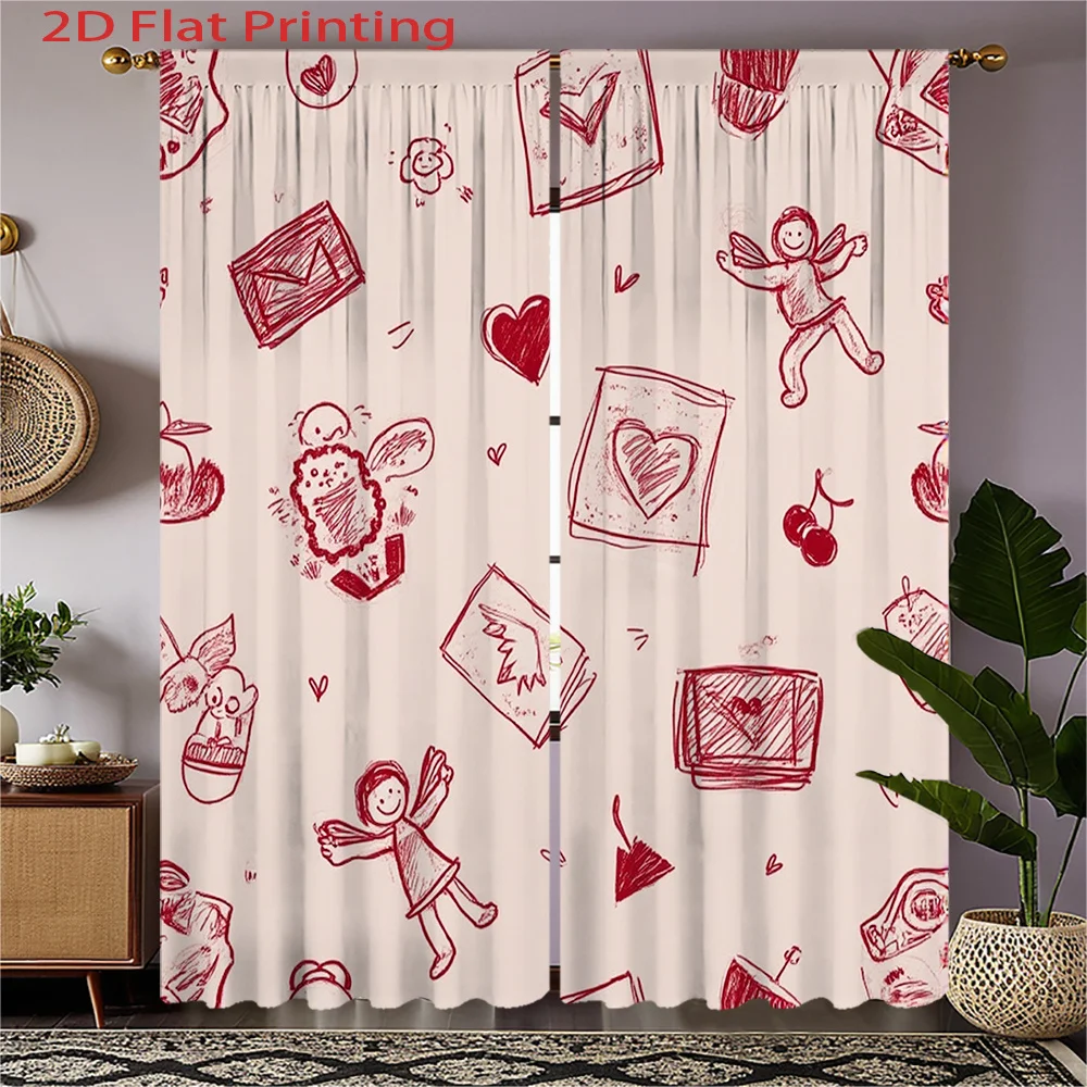 2pcs Red Sketch Pattern Cute Cupid Envelope Curtains - 2D Flat Printing, Semi-Transparent Flannel Fabric, Rod Pocket Design for