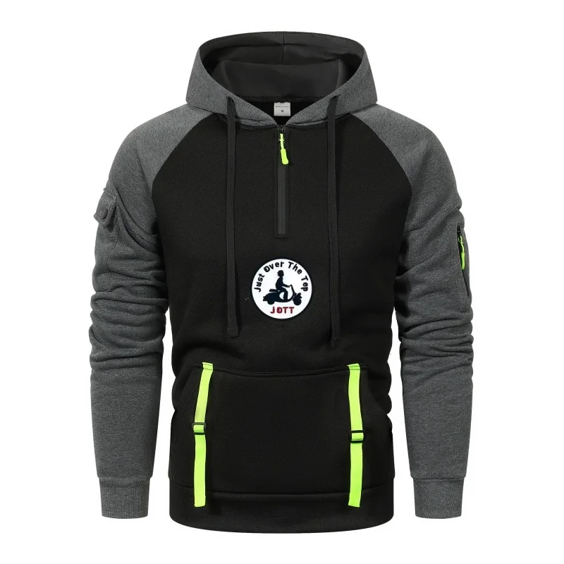 

For the 2025 autumn/winter season, a men's hoodie with zipper color blocks pairs well with a casual, fashionable and durable top