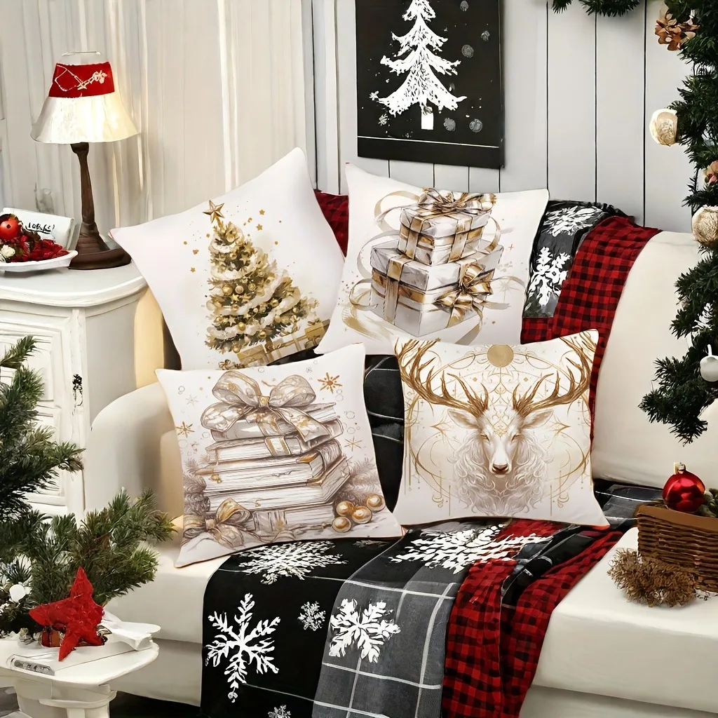 Christmas Elk Polyester Pillowcase Home Decorative Throw Pillowcase Living Room Bedroom Decorative Cushion Cover with Zipper