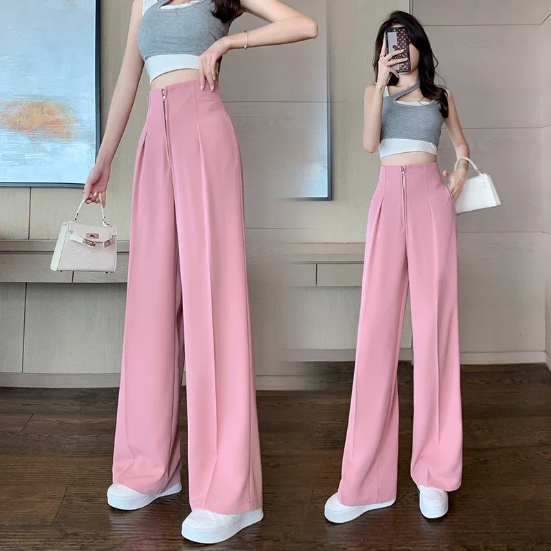 2024 New High-Waist Zipper Loose Drape Thin Section Women's Wide-Leg Straight Suit Slim And Versatile Trousers Z779