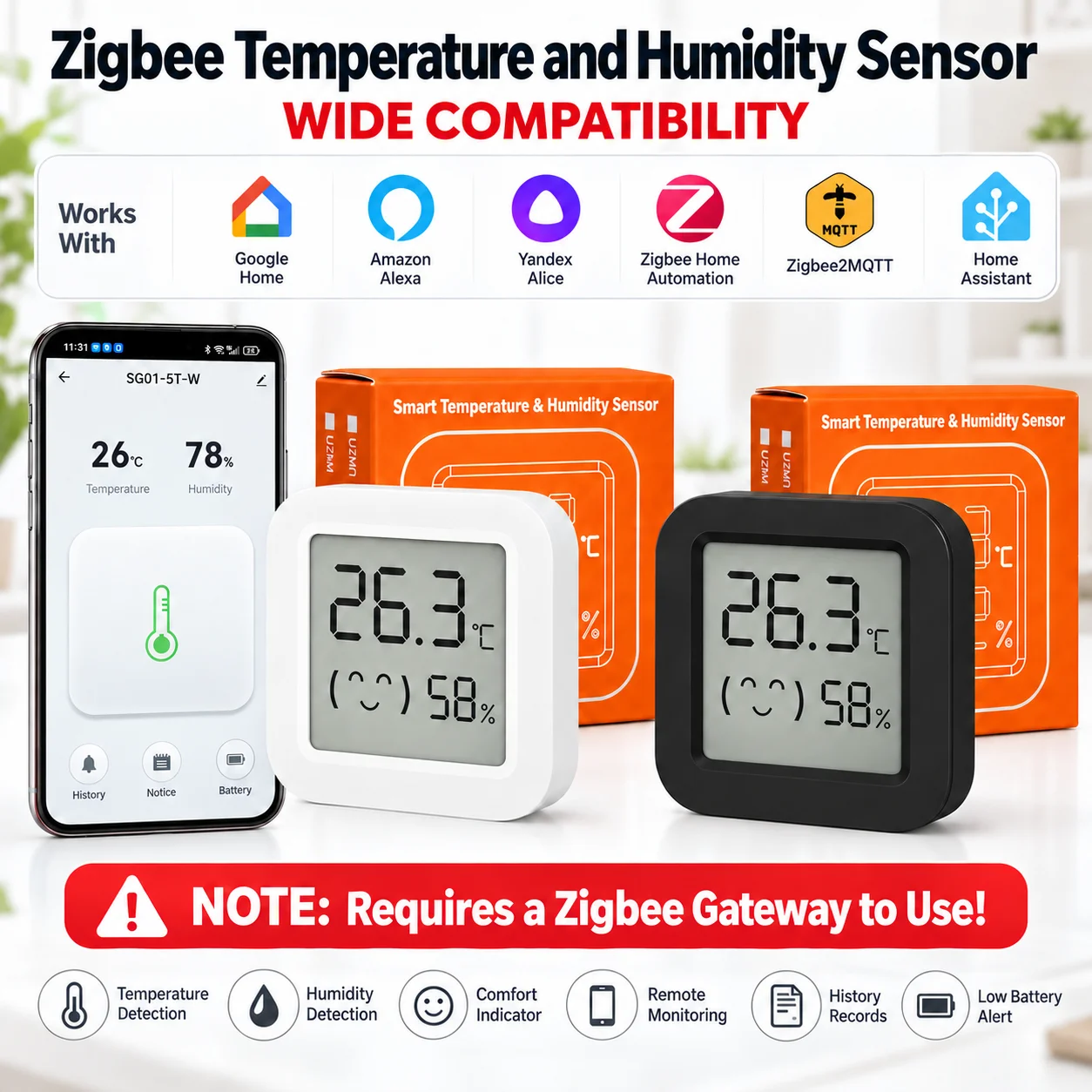 Zigbee 3.0 Temperature Humidity Sensor Mini work with Home Assistant Yandex Zigbee2MQTT Alexa SmartLife Zigbee Gateway Required