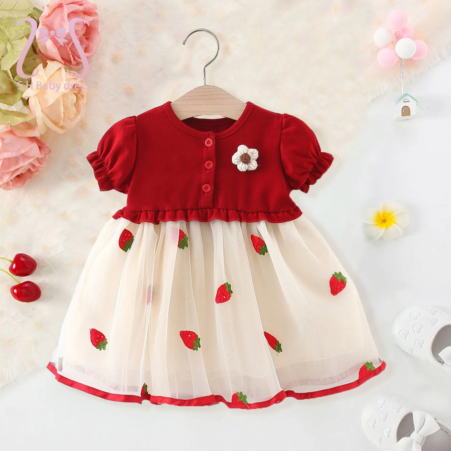 0-3 Years Old Toddlers Summer Infants Dress Lovely Flower Children Clothing Baby Girl Sweet Strawberry Dresses Kid Daliy Costume