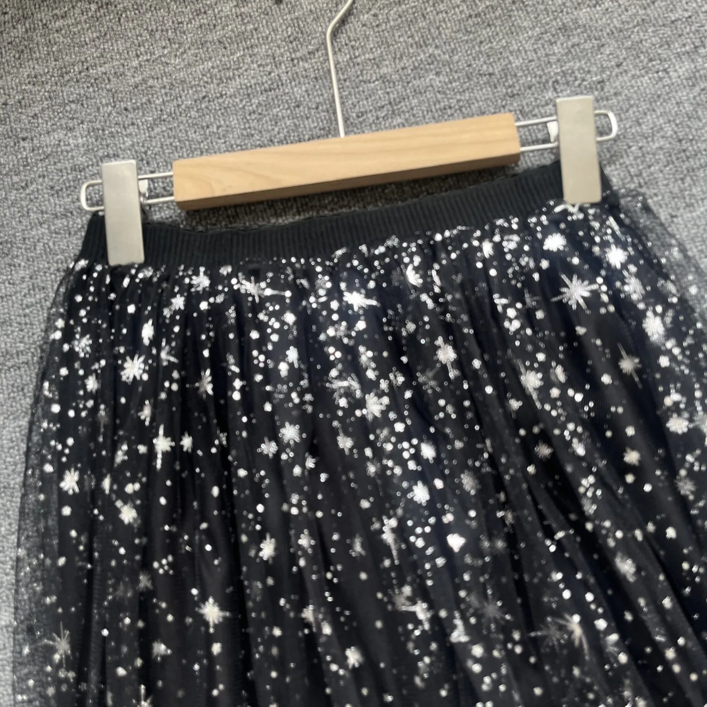 Elastic Waist Galaxy Mesh A-Line  Skirt Women's High Waist Slimming Midi Length Sequin Gown Fairy Tale Style Summer Skirt