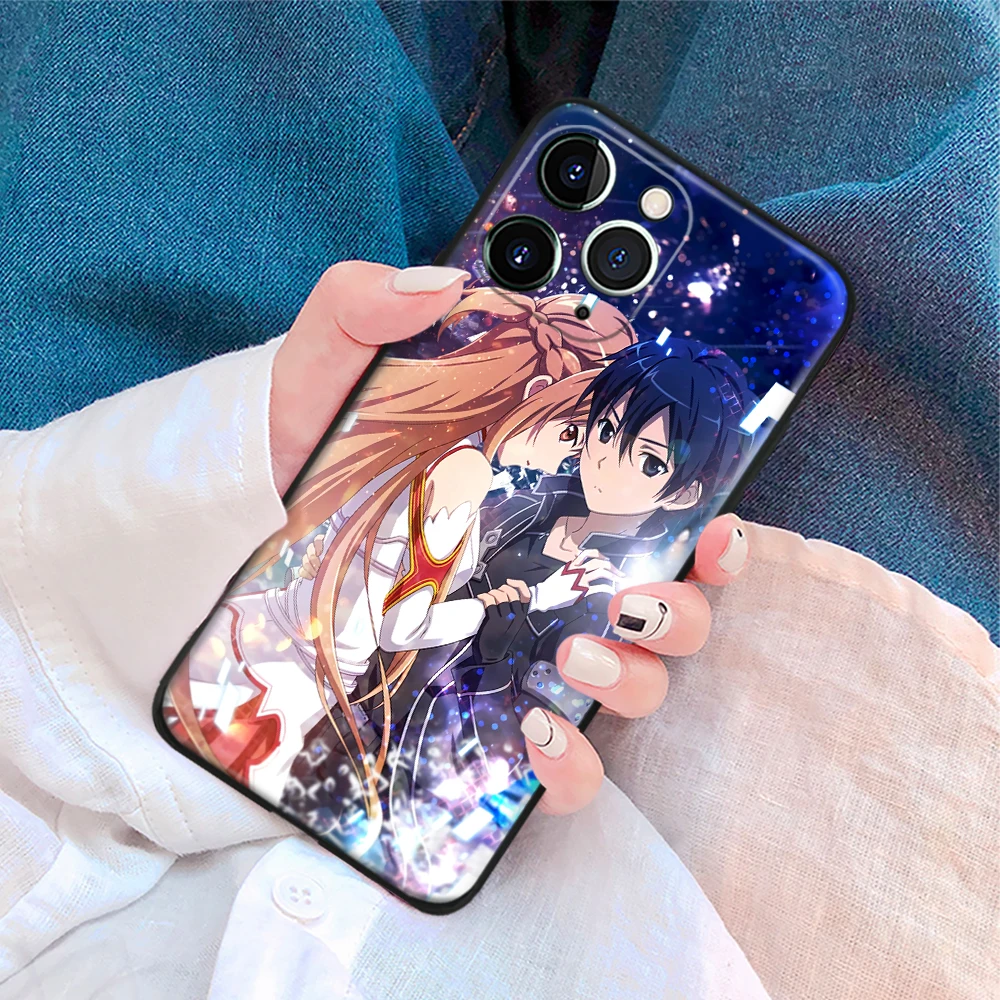 Asuna and Kirito SAO Japanese Anime Soft TPU Glass Phone Case for IPhone Se3, 7 8 14 15 Plus Xs, 11, 12, 13 Mini, 14, 15 Pro Max