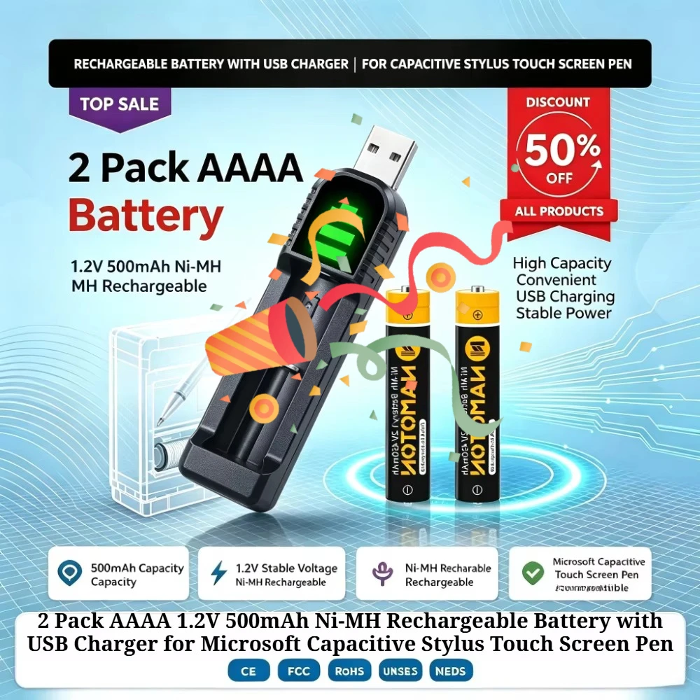 2 Pack AAAA 1.2V 500mAh Ni-MH Rechargeable Battery with USB Charger for Microsoft Capacitive Stylus Touch Screen Pen