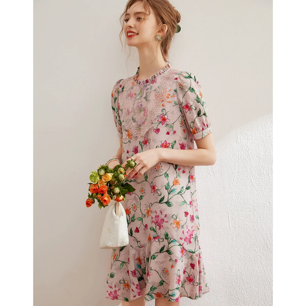 LOUIS YAO Floral Dress 2024 Summer Elegant Embroidery Beading Lace O Neck Short Sleeve Loose A-LINE Short Dress