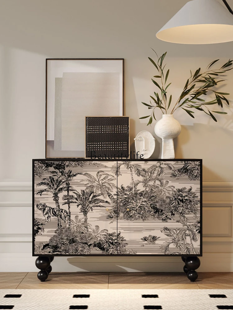 Modern Minimalist Solid Wood Curio Cabinet Black and White Art Jungle Lacquer Painting Wall Hallway Cabinet