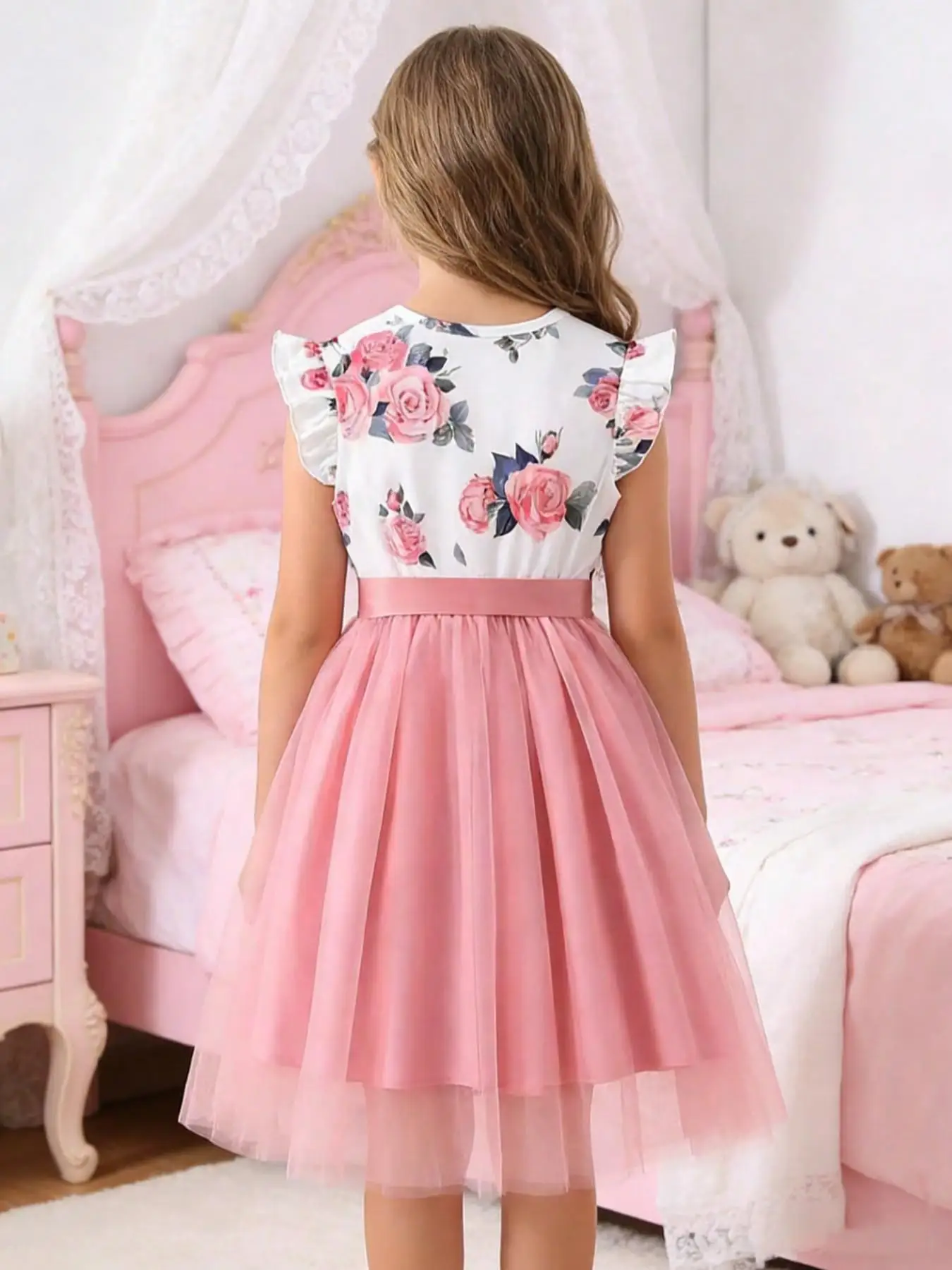 Girls' Rose Print Dress, Mesh Flutter Sleeve, Bow Waist Princess Dress, Summer Fitted Floral Dress, Elegant Clothing