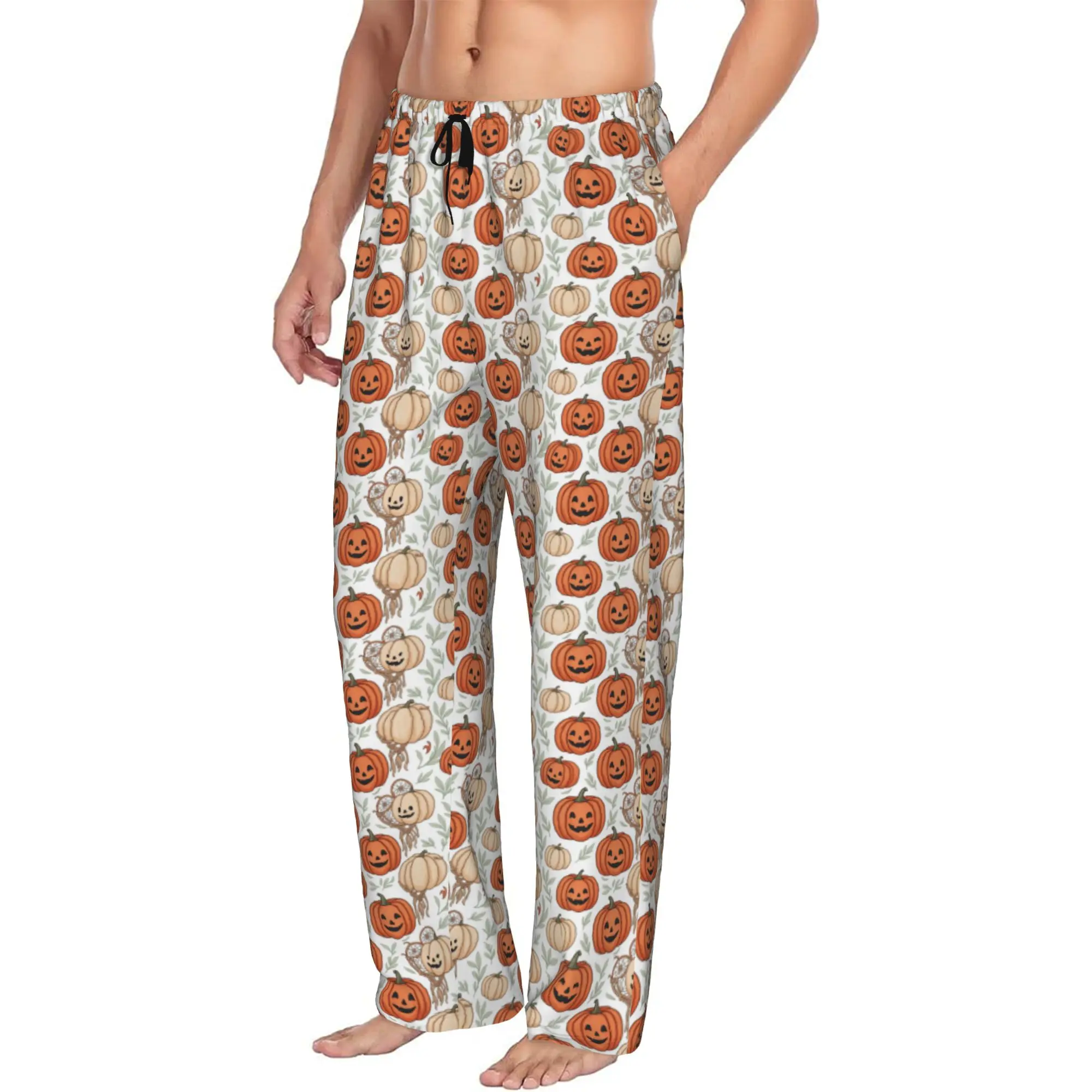 Custom Halloween Pumpkin Pajama Pants Sleepwear Men Elastic Waistband  Sleep Lounge Bottoms with Pockets