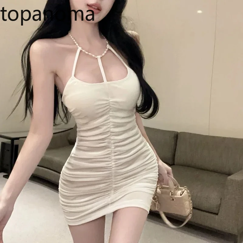 Topanoma Cocktail Mini Dresses Women Halter Sleeveless Hollow Out Slim Backless Ruched Wedding Party Evening Dress Ladies Club