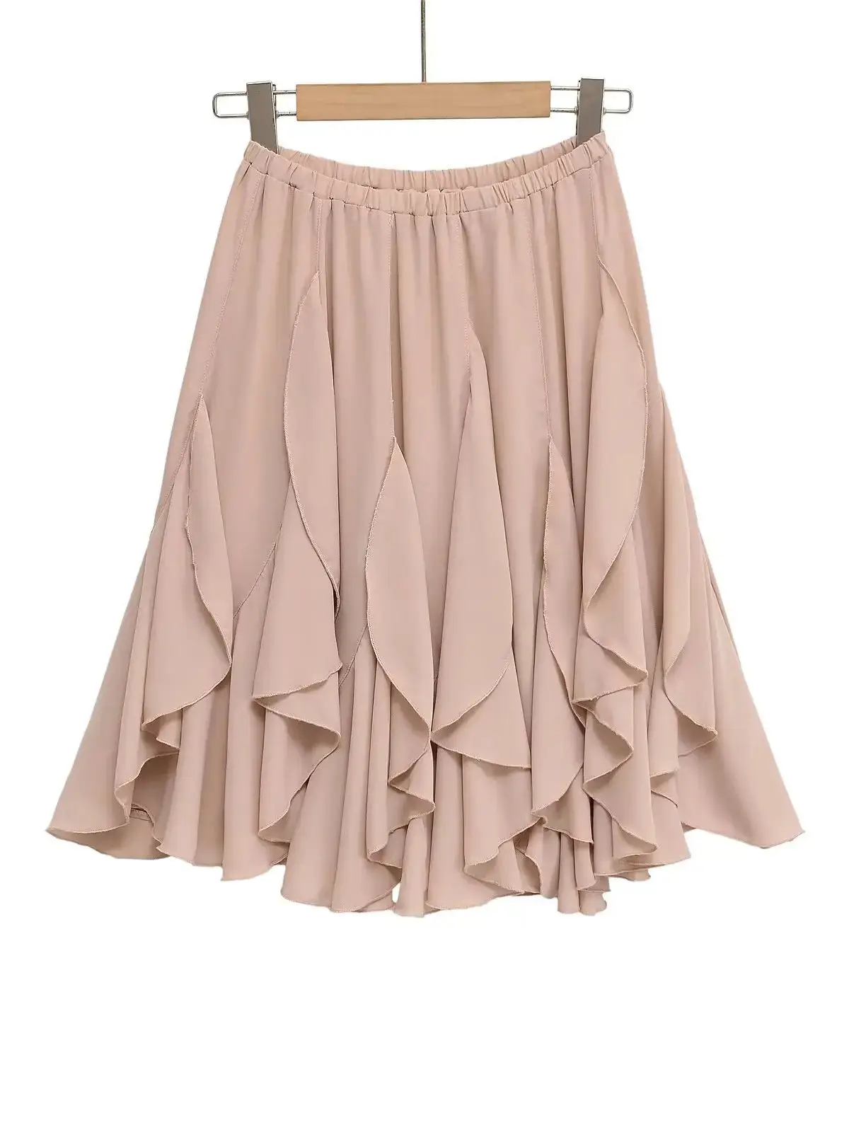 2026 Chic Women's Casual High Quality Knee-length Pink Layered Skirts Ladies Elegant A-line Tierred Ruffles Elastic Midi Skirt