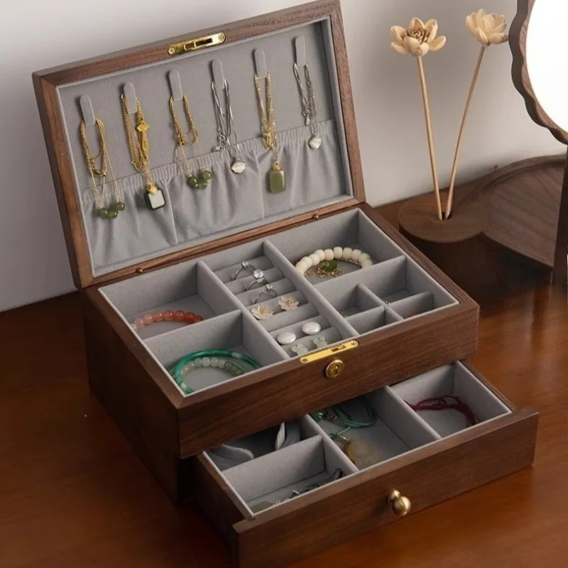 

Solid Wood Jewelry Box Large Jewellery Organizer Case with Lock Women Ring Earrings Storage Cases Trinket Pendant Bracelet Boxes