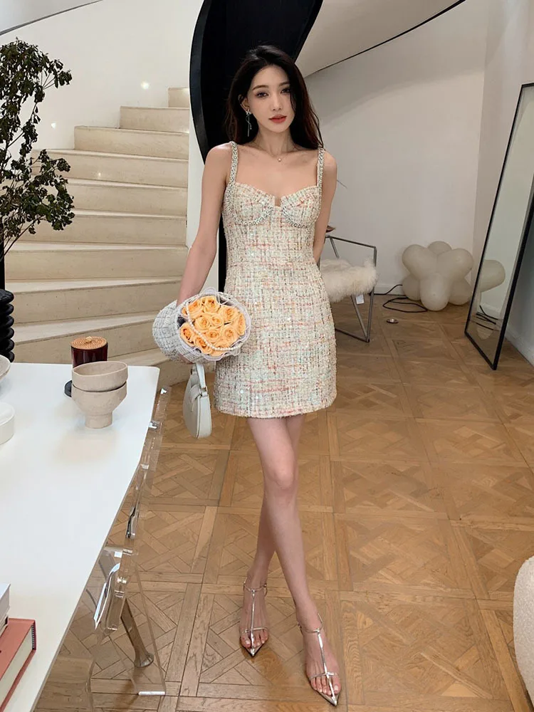 

Women Tweed Sexy Suspender Dress Summer 2024 Handmade Beaded Sequin Embroidered Slim A-Line Female Sleeveless Mini Sling Dress