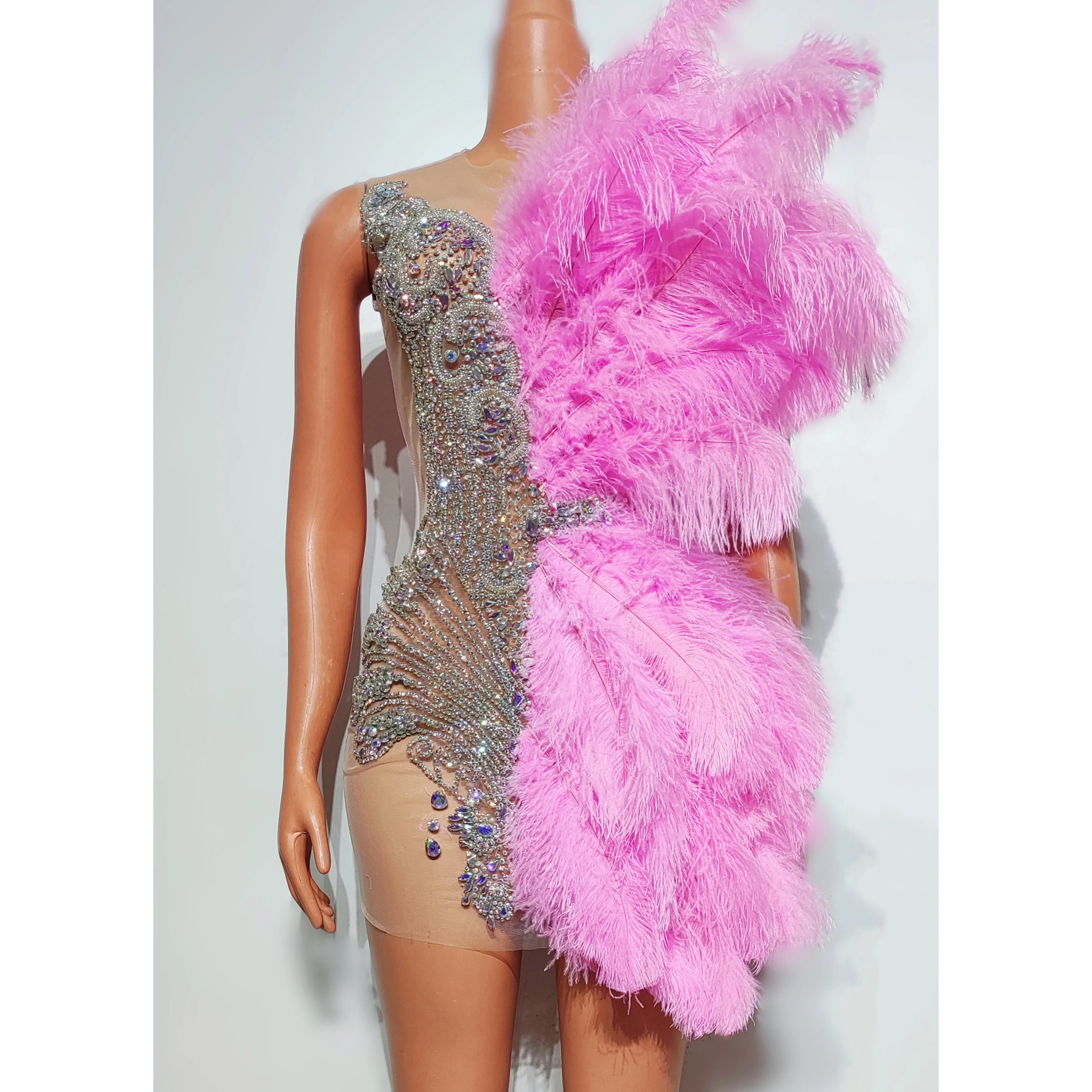 Woman Sexy Gogo Costume Rhinestone Feather Slim Dress Singer Dancer Stage Wear Festival Party Clothing Drag Queen Outfit