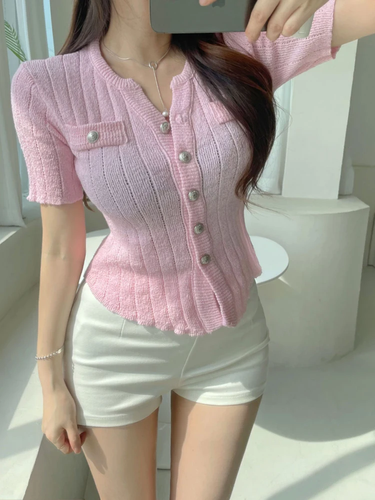 

Ele V-ne ort Knitwear Women's Faion Slim Fit Summer New Sle Single Button Cardigan Sli Top Korean Version