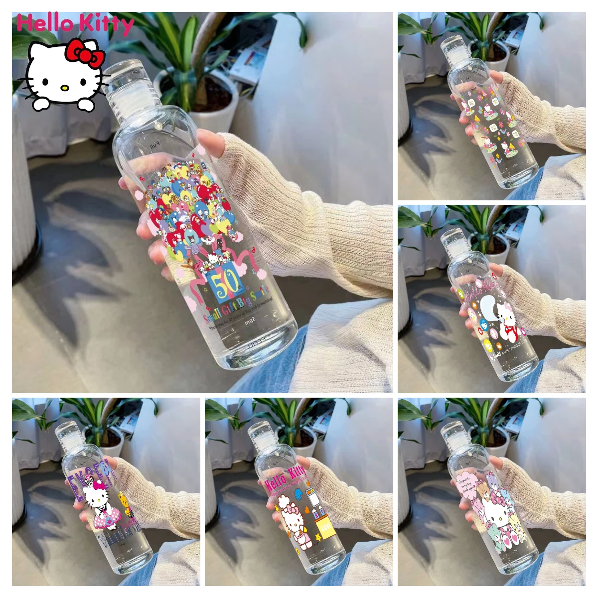 Sanurgente Hello Kitty Time Scale Tasse à eau en plastique anti-chute pour homme et femme, tasse à thé de dessin animé, bouteille d'eau de sport, beau, 500ml, nouveau