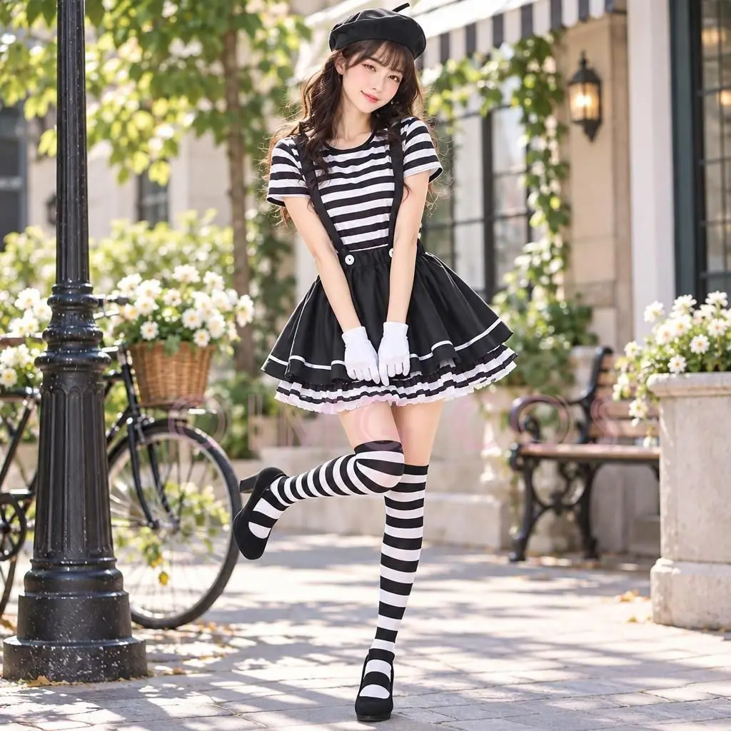 Adult Women Mime Clown Halloween Costume Striped Top Suspender Tutu Skirt Funny Circus Pantomime Stage Performance Fancy Dress