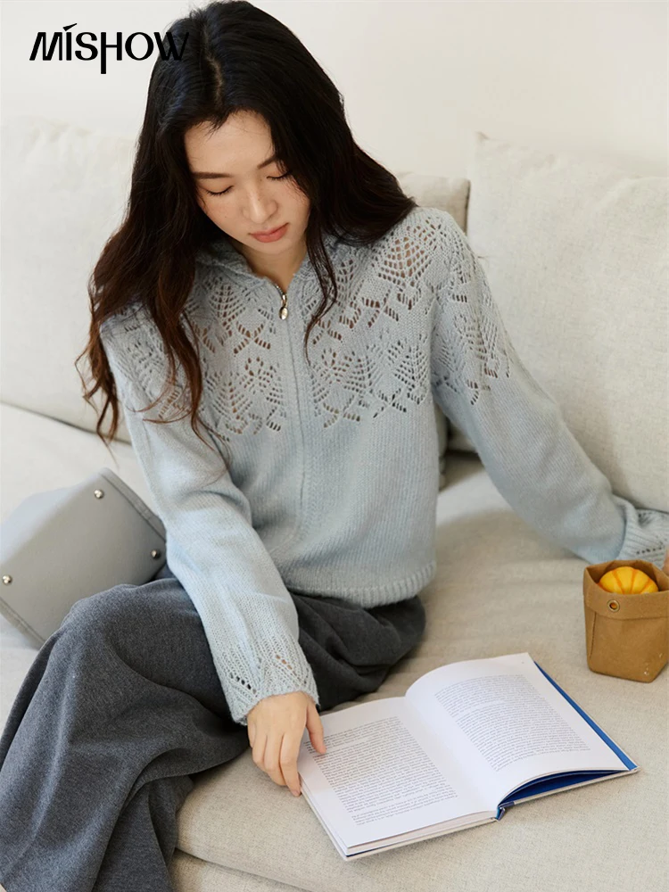 MISHOW Yellow Hollow Out Cardigan Women 2025 Autumn Winter New Hooded Zipper Sweater Loose Casual Bottoming Tops MXE46Z2584