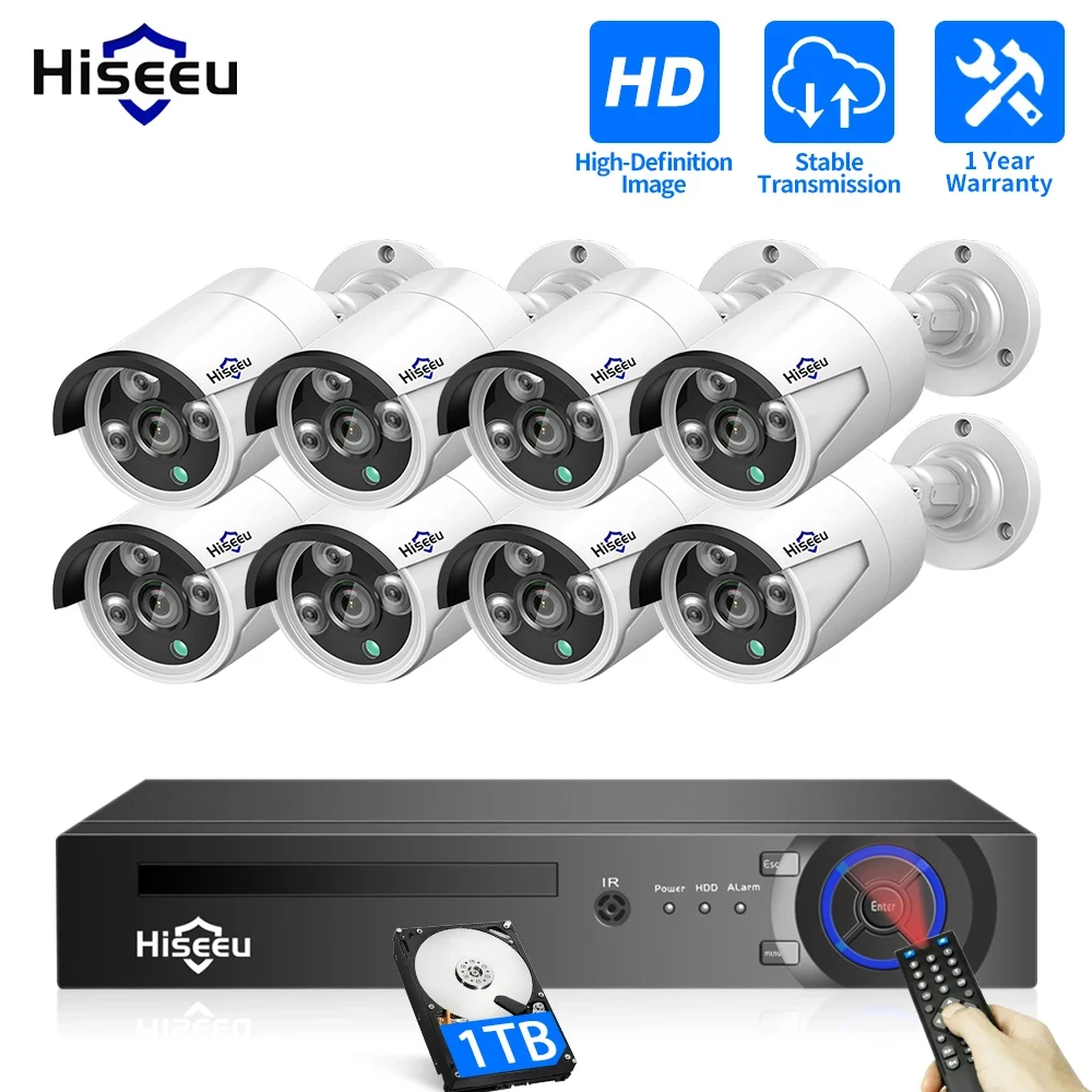 Hiseeu PoE 보안 카메라 시스템 키트, H.265 방수 IP 카메라, 홈 감시 POE 캠 세트, ONVIF XMEye, 4MP, 5MP, 8CH 