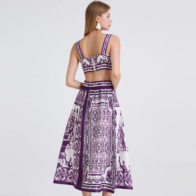 Zomer hoge taille bedrukt blauw en wit porselein ter vest en rok set dames gebreid verdikte polyester Dr