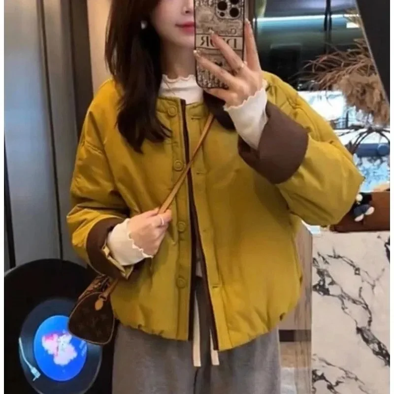 

2026 Autumn Winter New Korean Women Contrast Stitching Coat Cotton-padded Female Short Thin Jacket Short Loose Fashion Overwear