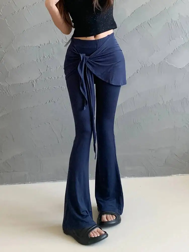 High Waist Micro Horn Casual Pants For Women Summer Design Fake Two Piece Strap Tight Slimming Floor Dragging Korean Women K7LX