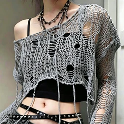 Boho Women Knitted T Shirt Y2k Hollow Out Loose Female Crop Tees Vintage Korean Ripped Long Sleeve All Match Ladies Jumpers