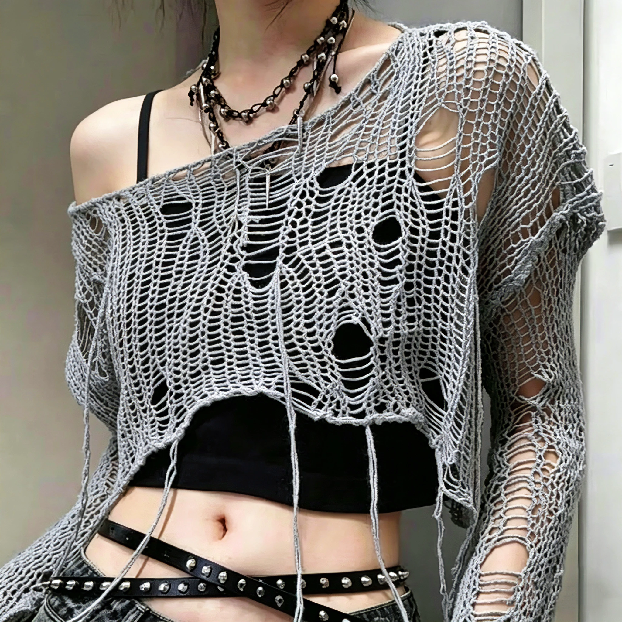 Y2K Women Knitted Crop Sweater Hollow Out Design Short Sleeve Tshirt Gyaru Harajuku Aesthetic Spring Slim Fit Knitwear Blouse