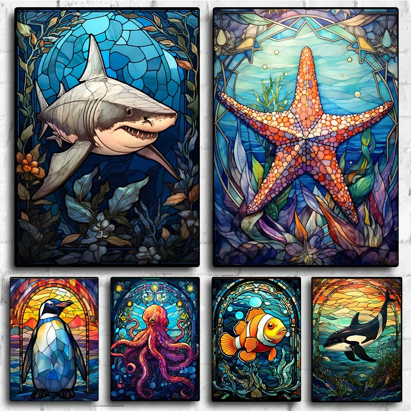 Wall Art Funny Sea Life Stained Glass Art Sealife Posters Prints Home Decor Octopus Starfish Shark Dolphin Canvas Painting