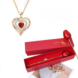 Elegant Heart Red Zircon Necklace With Luxury Rose Gift Box For Women Wedding Valentine's Day Gift 2024 New In Jewelry