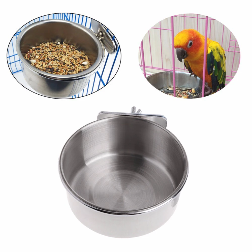 Parrot Feeding Cups Birds Food Dish Stainless Steel Feeders Water Cage Bowls with Clamp Holder for Parakeet Parrot Small Animal