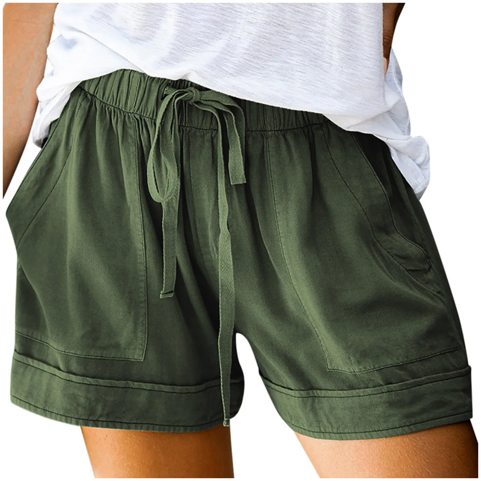 

Summer Comfy Shorts Women Solid Elastic Pocketed Drawstring Casual Shorts High Waist Loose Shorts for girls