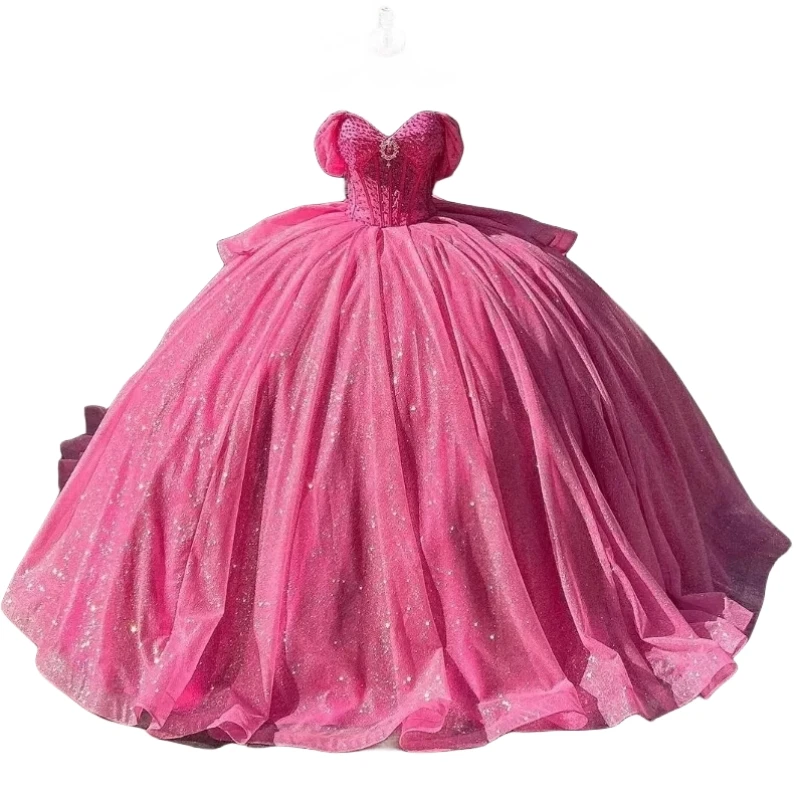 Vestido de fiesta de cumpleaños para niñas fucsia personalizado con hombros descubiertos y cuentas con cordones Vestido de baile Ropa de graduación Vestido 15 16 Vestido para quinceañeras