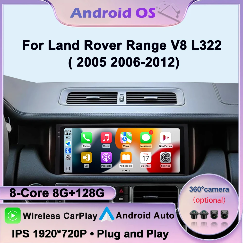 10.25' Android Auto Car Radio Multimedia Player for Land Rover Range V8 L322 2005-2012 with Navigation GPS Bluetooth Wireless