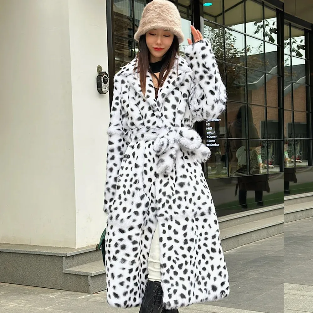 

Hot Selling New Fashion Warm Rabbit Fur Jacket Winter Women Real Fur Coat Natural Rabbit Fur Turn-down Collar with Belt X-long