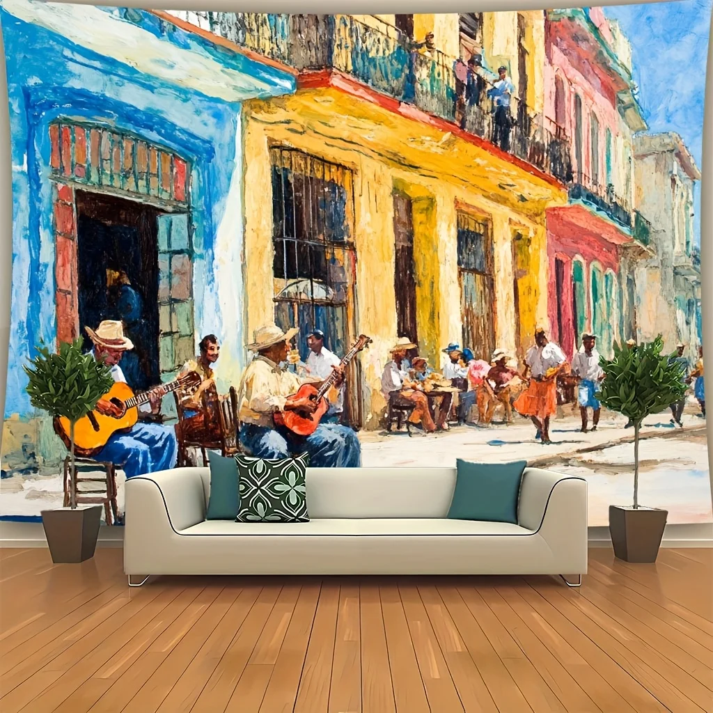 Tapiz vibrante de la calle de Havana: edificios cubanos coloridos y escena musical de salsa para colgar en la pared