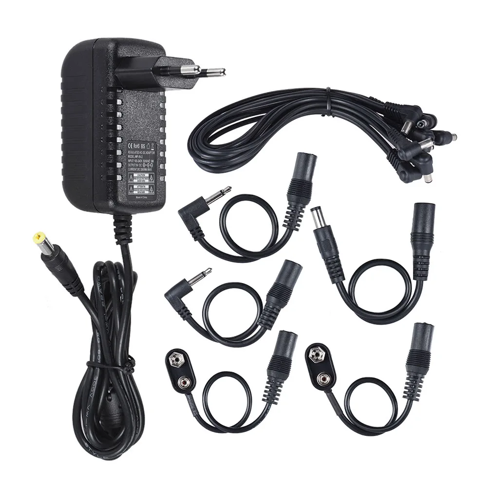 Adaptador de fuente de alimentación STLF 9V DC 2000mA para efecto de bajo de guitarra con Cable de acordes de plomo divisor de cadena de Margarita de 8 vías/2 uds batería Cl