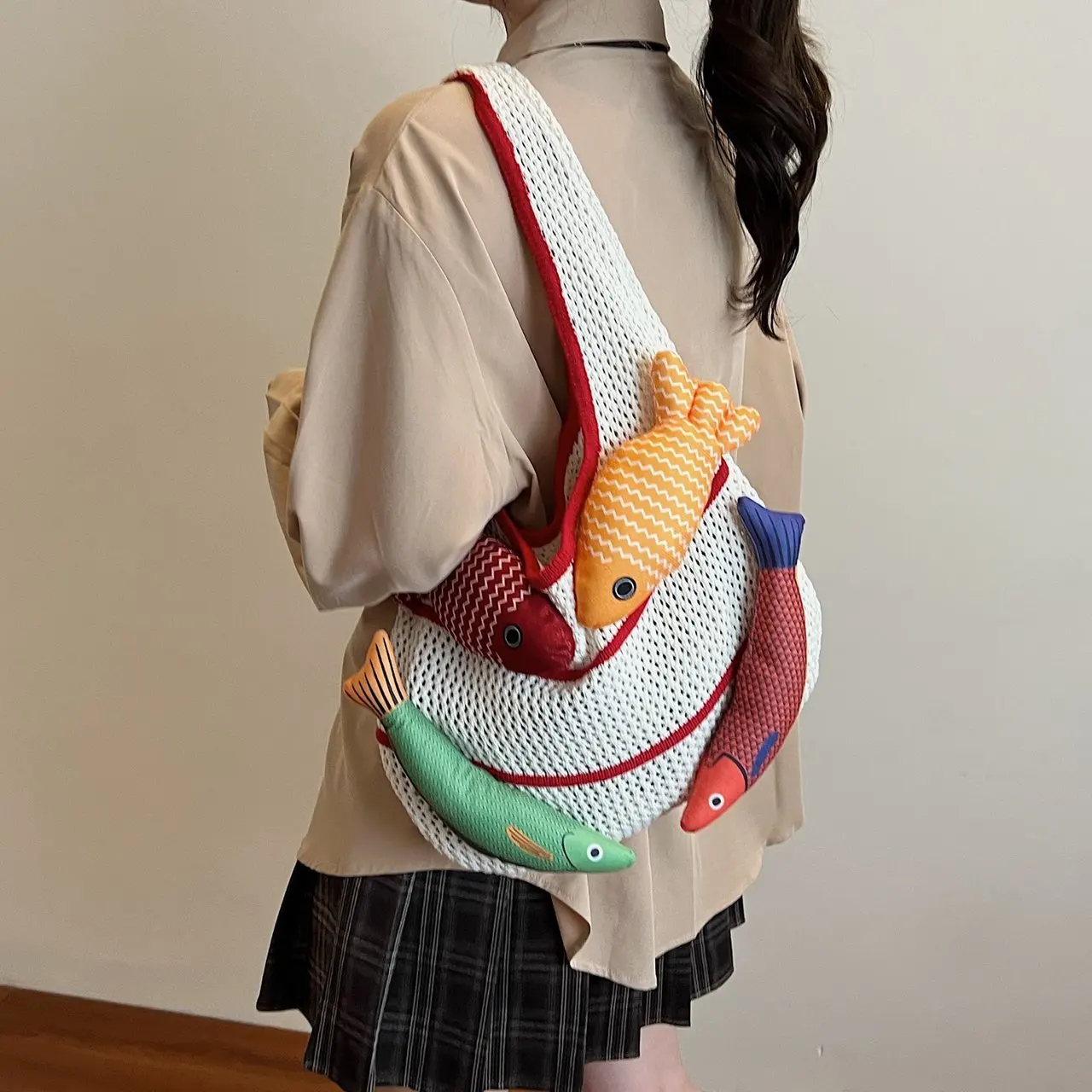 

Women's Straw Weave Tote Bag Dopamine Style Shoulder Bag Casual Boho Crossbody Bag Underarm Woven Purse 3D small fish decoration