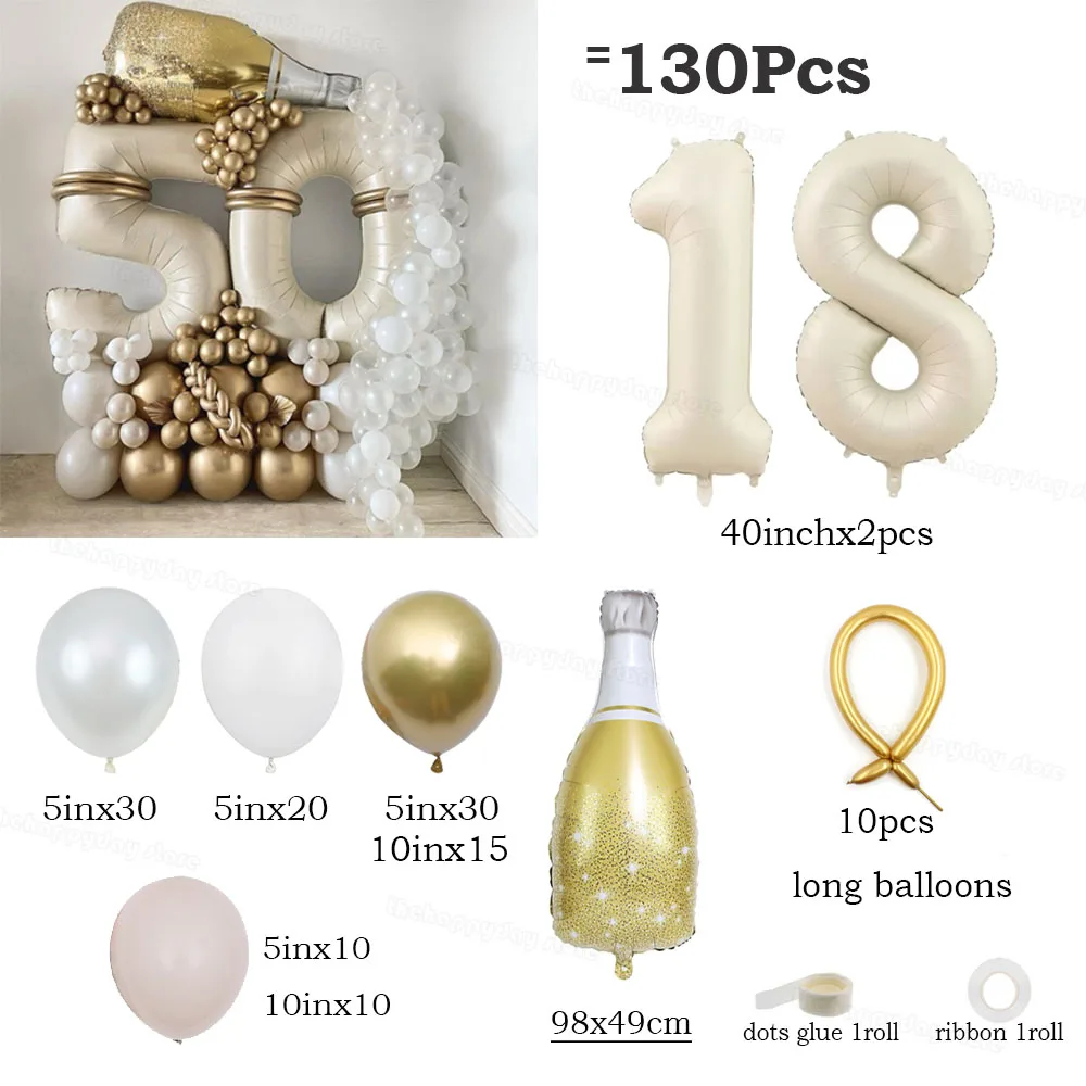 130 Stück Creme Sand Weißgold Zahlenballons Set 40 Zoll Zahlenfolienballons für Happy 20 30 40 50. Geburtstag Partydekorationen – Detail 39