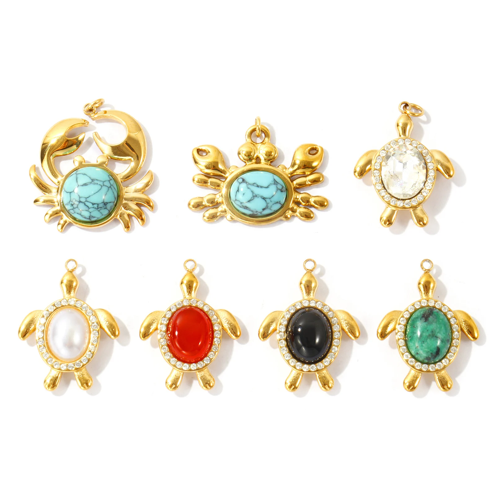 1PC Ocean Tortoise Crab Jewelry Charms Multicolor Stone Rhinestone 304 Stainless Steel 18K Gold Plated Pendant For DIY Necklace