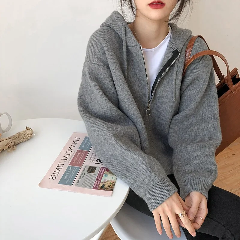 

Korean Chic Turndown Collar Sweaters Female Gray Slim Fit Long Sleeve Cropped Sweater for Woman Streetwear Knit Pullovers Z523