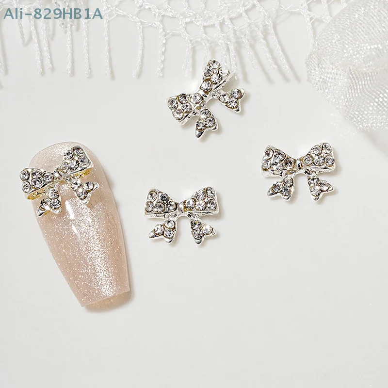 5PCS Bowknot Zircon Nail Accessories Pearl Shimmering Silver Butterfly Inlaid With Diamonds 3D Alloy Nail Decoration