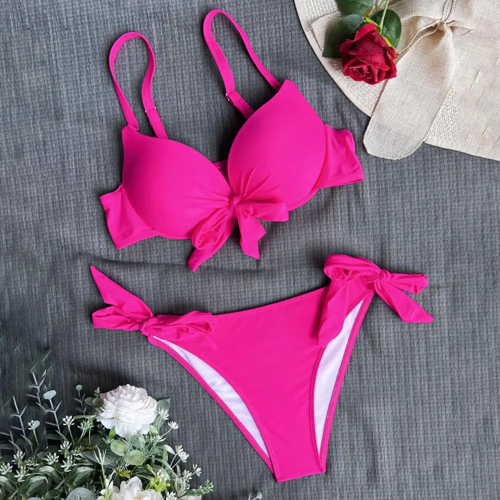 Women Summer Bikini Set Padded Sling Bowknot Lace-up Bra High Waist Swim Briefs Set Solid Color Beach Swimsuit Female Swimwear