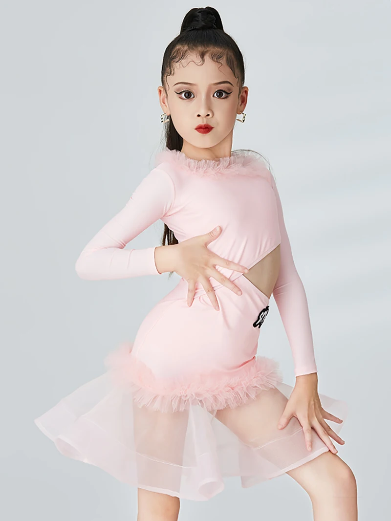 

Kids Girls Pink Cut Out Mesh Latin Dance Dress Suits Ballroom Rumba Dancewear Training Chacha Performance Costumes