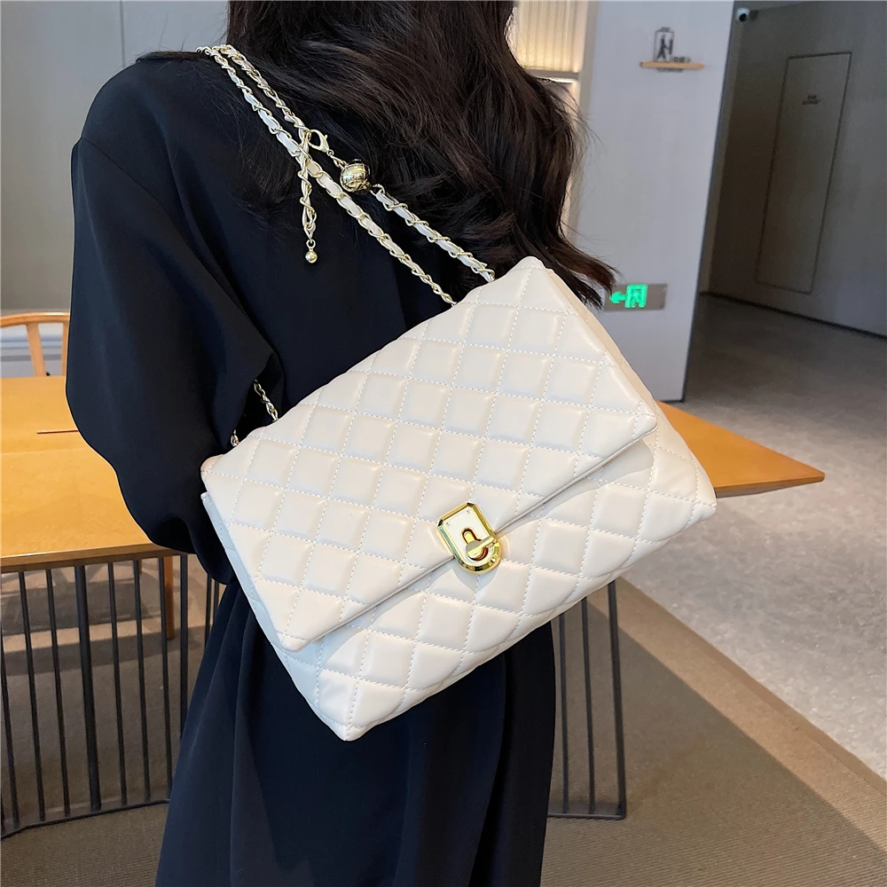 Hifashion Quilted PU Leather Double Chain Shoulder Bags For Women 2024 Trend Designer Crossbody Flap Ladies Handbags And Purses