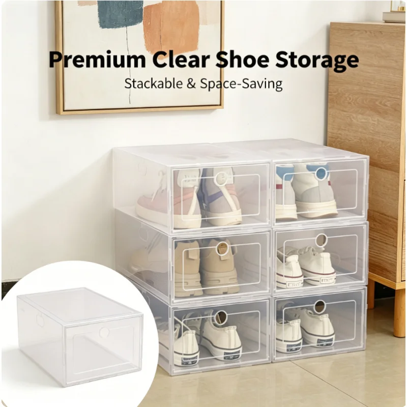 6 Pack Stackable Clear Shoe Boxes Dustproof Plastic Sneaker Display Case Storage Organizer for Closet Bedroom Entryway for Women