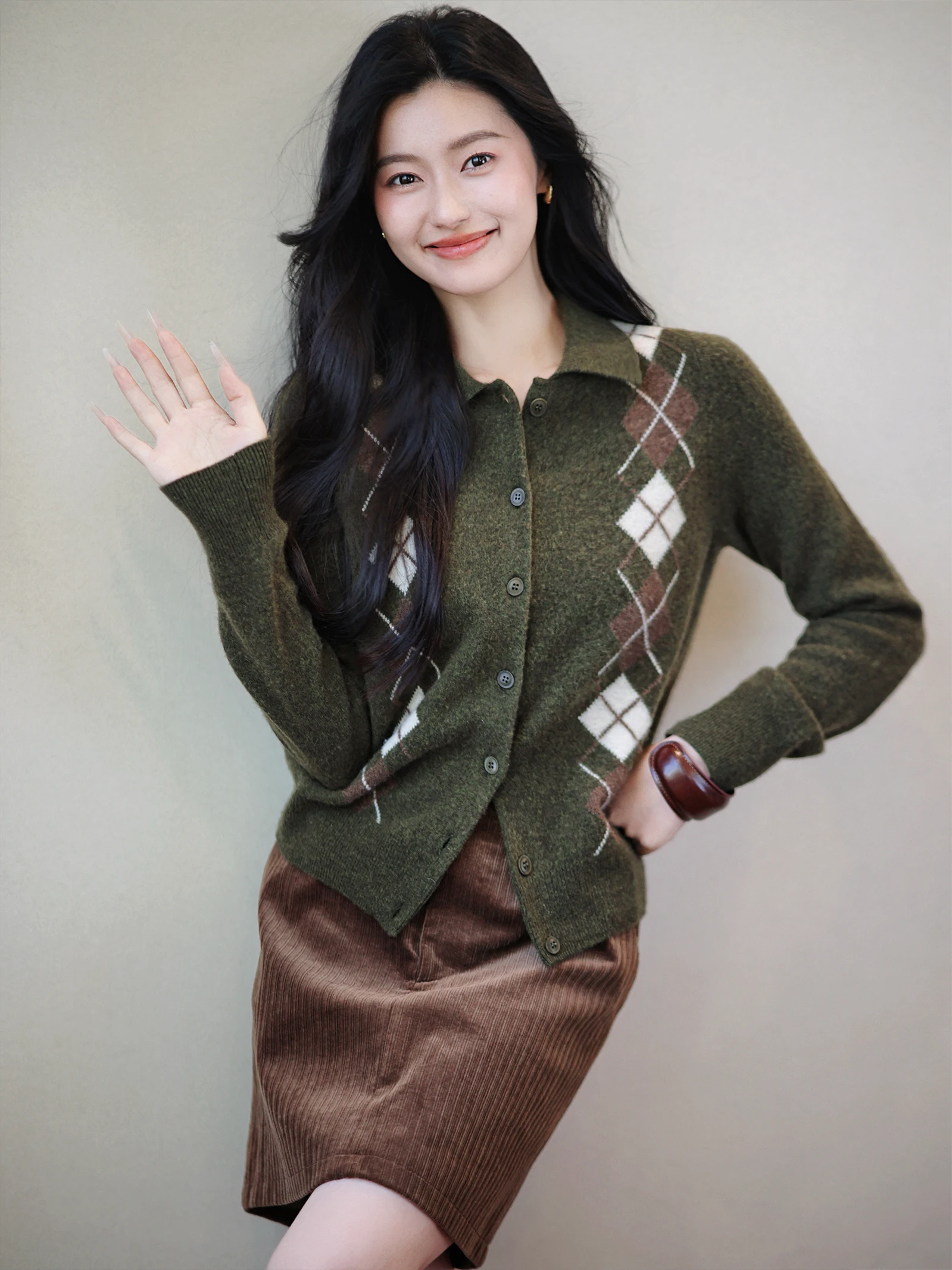 

Ivy League Sister Open Cardigan Wool Yak down Collar Diamond Pattern Women's Knitted Sweater Long Sve Vintage Sle