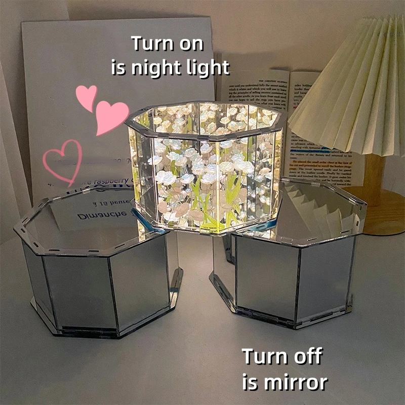 DIY Tulip Mirror Cube Lamp Simulation Flower Bedroom Sleeping Table Lamp Handmade Craft Rose Mirror Night Light Birthday Gifts